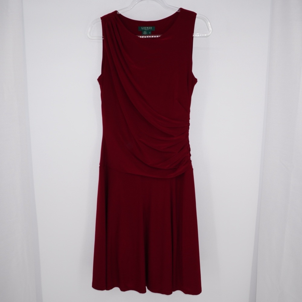 Lauren Ralph Lauren Women's Sleeveless Ruched Jersey Dress Burgundy Red Size 10